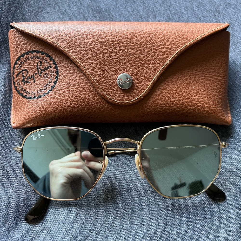 RayBans Hexagonal Flat Lenses (Blue Mirror + Gold Frame)